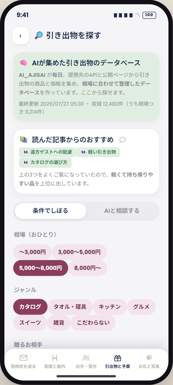 引出物の調査・比較・セットと送付の画面